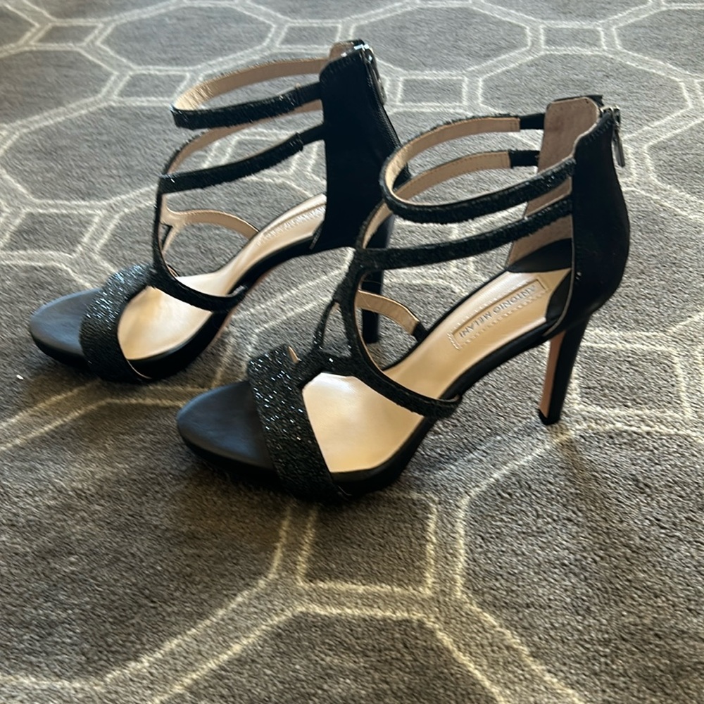 Antonio Melani strappy satin sandal with beading on straps.  Back zipper